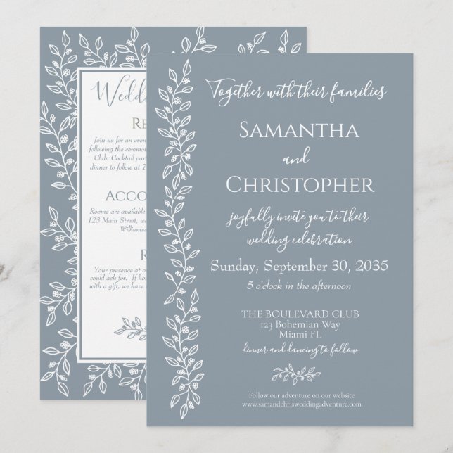 Dusty Blue Modern Boho Botanical Minimal Wedding Einladung (Vorne/Hinten)