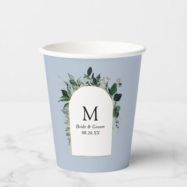 Dusty Blue Modern Botanische mit Monogramm Hochzei Pappbecher (Vorderseite)