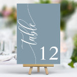 Dusty Blue Modern Calligraphy Wedding Tischnummer<br><div class="desc">Mit diesen eleganten, staubblauen Hochzeitszimmern führen Sie Ihre Gäste zu ihren Sitzplätzen. Diese Tischnummern mit minimalistischem Design und moderner Kalligraphie fügen Ihrem Hochzeitsempfang eine Touch von Eleganz hinzu. Der weiche Hintergrund und die gepflegte, elegante Typografie sorgen für eine einfache Lesbarkeit bei gleichzeitig verstärkter Hochzeitsdekoration. Diese Tischnummern sind perfekt für jedes...</div>