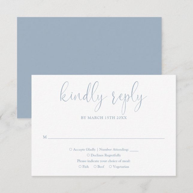 Dusty Blue Modern Chic Elegante Script Wedding RSVP Karte (Vorne/Hinten)