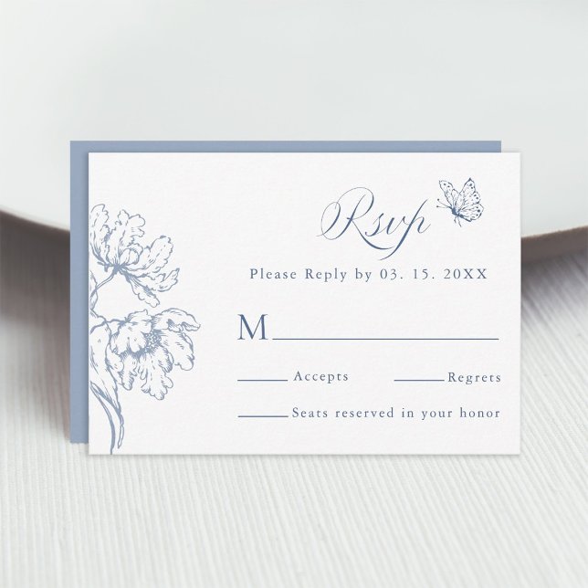 Dusty Blue Modern Classic Floral Wedding  RSVP Karte (Von Creator hochgeladen)