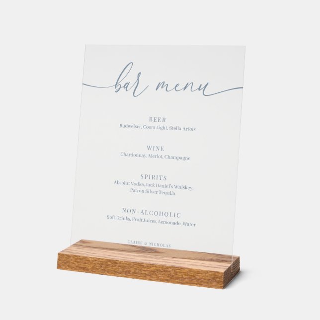 Dusty Blue Modern élégant Wedding Bar Menu (Angle)