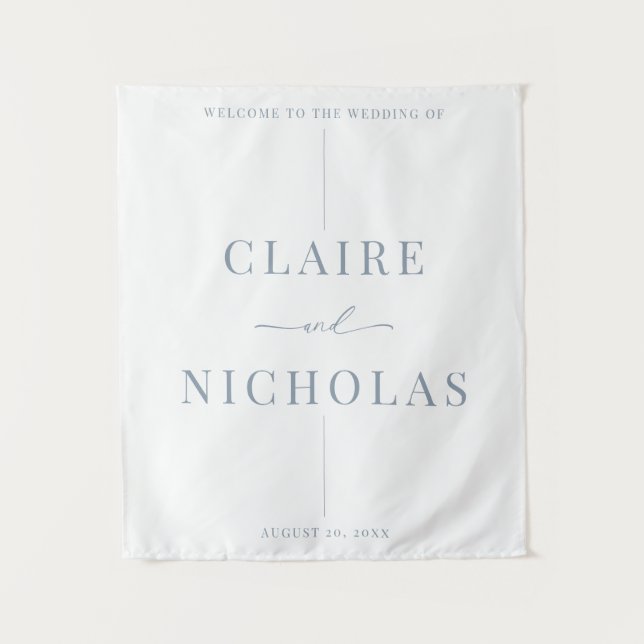 Dusty Blue Modern Elegant Wedding Welcome Sign Wandteppich (Vorderseite)