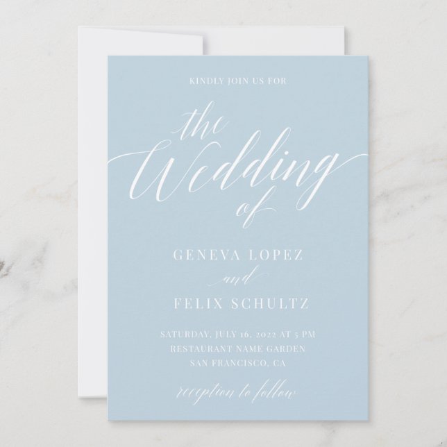 Dusty Blue Modern Elegante Calligraphy Wedding Inv Einladung (Vorderseite)