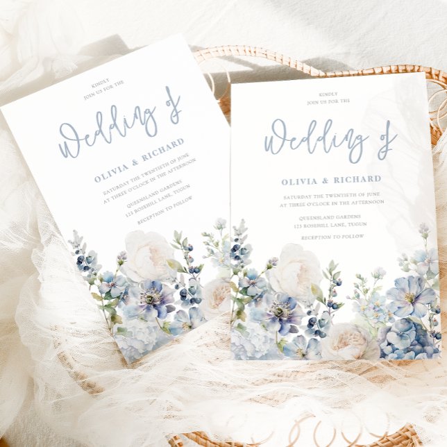 Dusty Blue Modern Floral All Seasons Wedding Einladung (Von Creator hochgeladen)