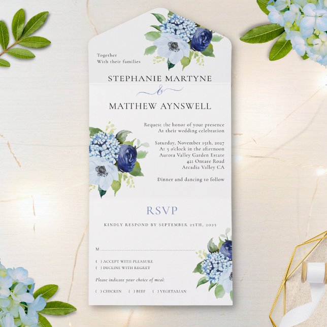 Dusty Blue Modern Floral Botanical Wedding All In One Einladung (Von Creator hochgeladen)