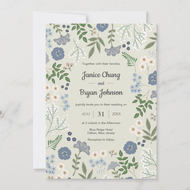 Dusty Blue Modern Floral Wedding Einladung (Vorderseite)