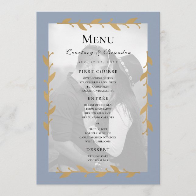 Dusty Blue Modern Foto Gold Blätter Wedding Menu Menükarte (Vorderseite)