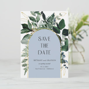 Dusty Blue, Modern Greenery botanische Blätter QR Save The Date
