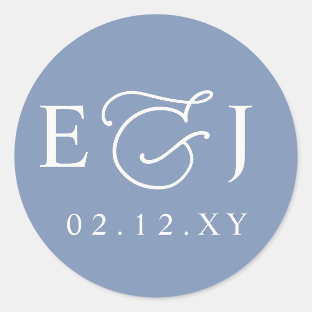 Dusty Blue Modern Initials Monogram Wedding Runder Aufkleber (Vorderseite)