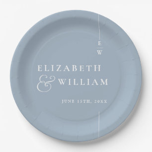 Dusty Blue Modern Minimalistisch Monogram Wedding Pappteller