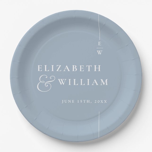 Dusty Blue Modern Minimalistisch Monogram Wedding Pappteller (Vorderseite)