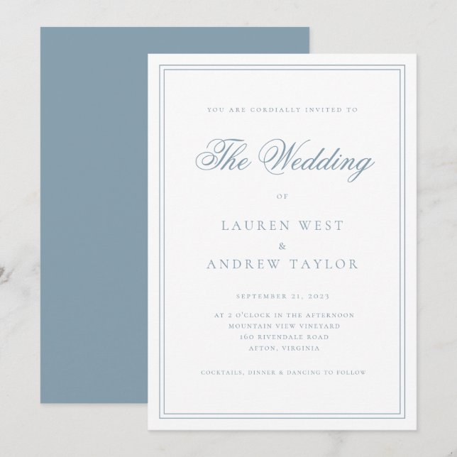 Dusty Blue Modern Minimalistische Hochzeitseinladu Einladung (Vorne/Hinten)