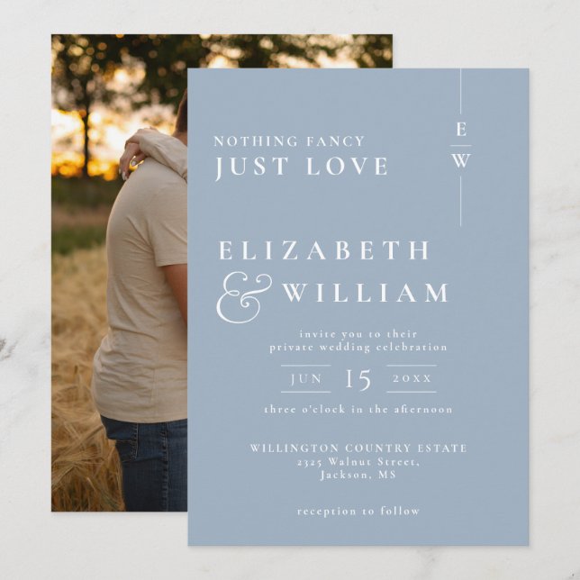 Dusty Blue Modern Monogram Intimate Wedding Foto Einladung (Vorne/Hinten)
