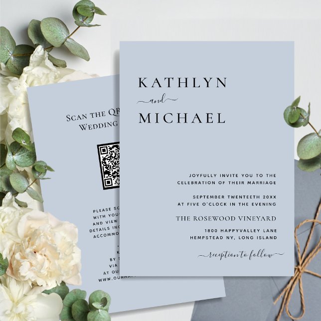 Dusty Blue Modern QR Code in einer Hochzeit Einladung (Von Creator hochgeladen)