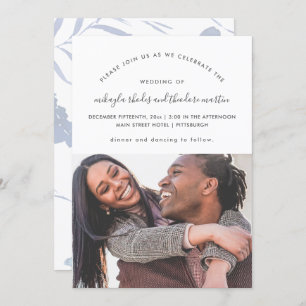 Dusty Blue Modern Script Botanical Foto Wedding Einladung