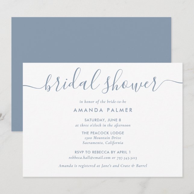 Dusty Blue Modern Script Brautparty Einladung (Vorne/Hinten)