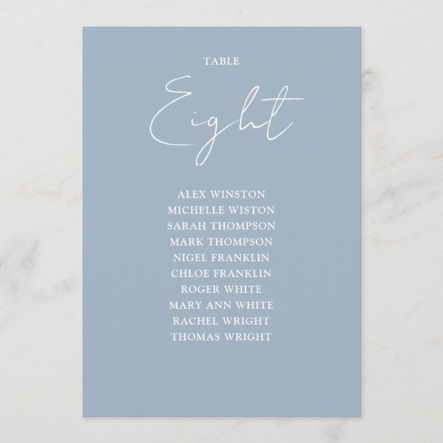 Dusty Blue Modern Seating Chart Tischnummer (Vorderseite)