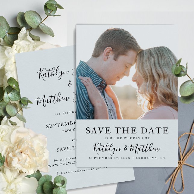 Dusty Blue Modern Typografy Simple Foto Wedding Save The Date (Von Creator hochgeladen)
