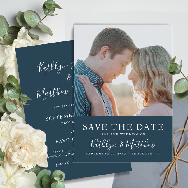 Dusty Blue Modern Typografy Simple Foto Wedding Save The Date (Von Creator hochgeladen)
