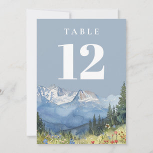 Dusty Blue Modern Watercolor Mountain Tischnummer