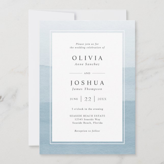 Dusty Blue Modern Watercolor Wedding Einladung (Vorderseite)