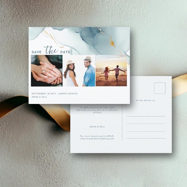 Dusty Blue Modern Wedding 3 Fotos Save the Date Postkarte (dusty blue modern beach wedding photo save the date postcard romantic elegant bohemian summer chic)