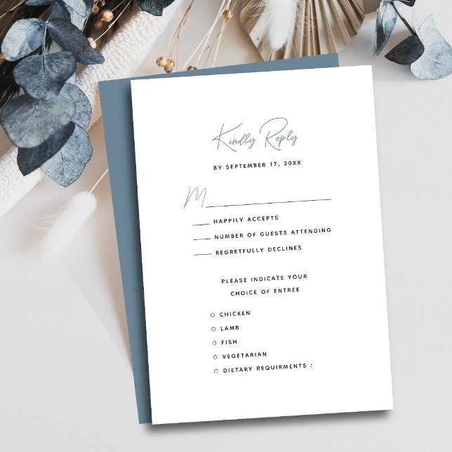 Dusty Blue Modern Whimsical Script Wedding RSVP Karte (Von Creator hochgeladen)