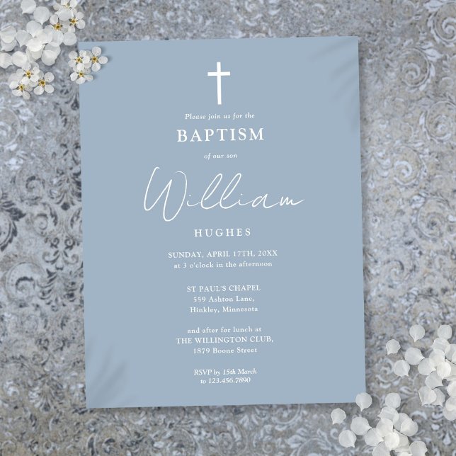 Dusty Blue Moderne Baptême Christening Invitation (Créateur téléchargé)