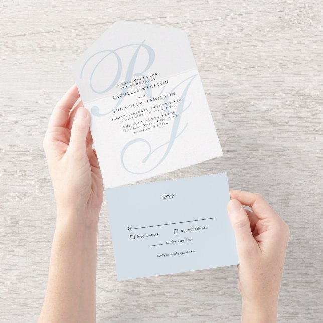 Dusty Blue Monogram All In One Einladung (Abreißen)