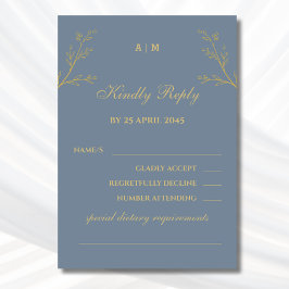 Dusty Blue Monogram Botanical Wedding RSVP Card Karte