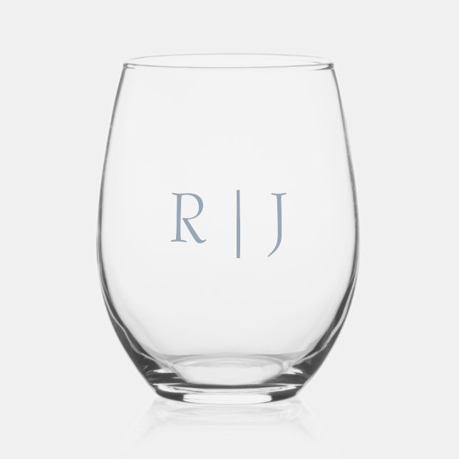 Dusty Blue Monogram Couple Name Minimal Wedding Weinglas Ohne Stiel (Vorderseite)