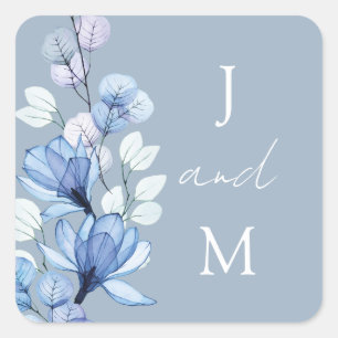 Dusty Blue Monogram Floral Gastgeschenk Hochzeit Quadratischer Aufkleber