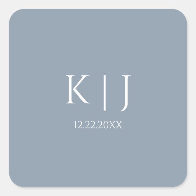 Dusty Blue Monogram Initial Minimal Trendy Wedding Quadratischer Aufkleber (Vorderseite)