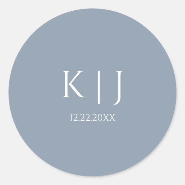 Dusty Blue Monogram Initial Minimal Trendy Wedding Runder Aufkleber (Vorderseite)