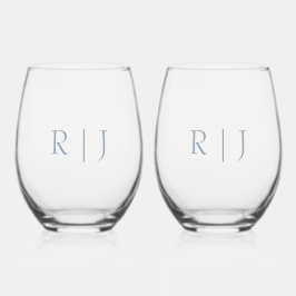 Dusty Blue Monogram Initials Minimale Hochzeit Weinglas Ohne Stiel
