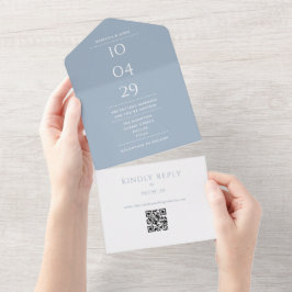 Dusty Blue Monogram QR Code Hochzeitdatum All In One Einladung