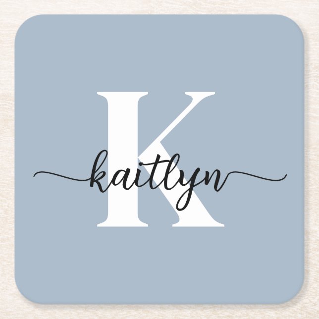 Dusty Blue Monogram Rechteckiger Pappuntersetzer (Vorderseite)
