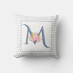 Dusty Blue Monogram, Rose und Polka-Punkte Kissen