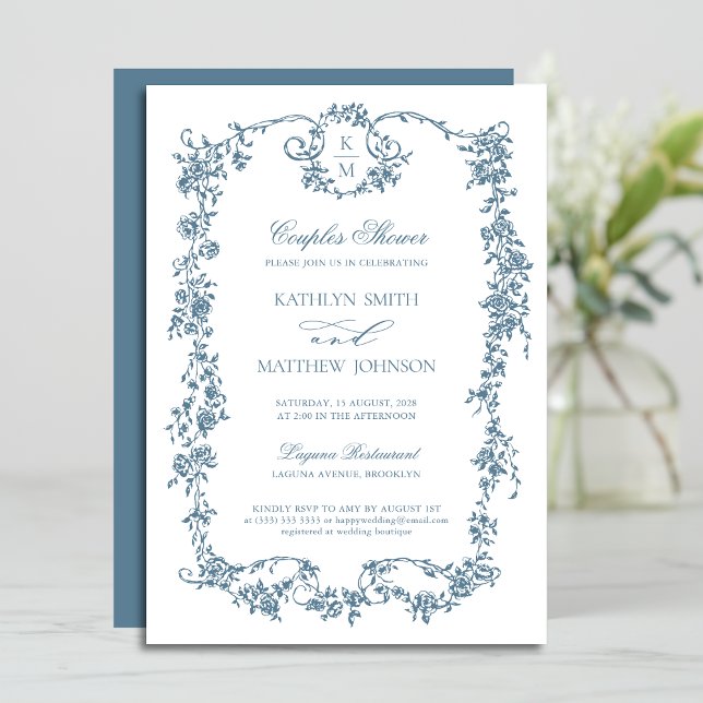 Dusty Blue Monogram Vintag Elegant Couples Dusche Einladung (Von Creator hochgeladen)