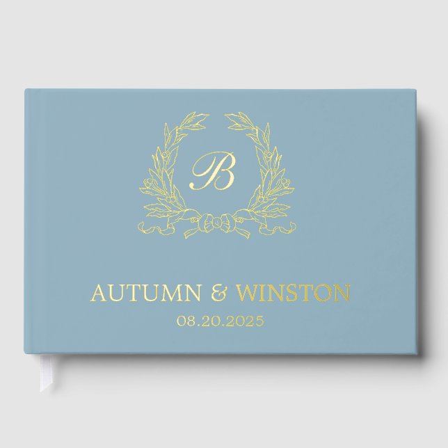 Dusty Blue Monogram Wappen Gästebuch (Vorderseite)