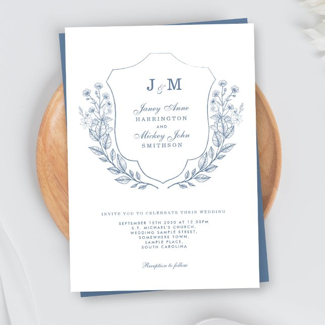 Dusty Blue Monogram Wappen Hochzeitseinladung Einladung (Von Creator hochgeladen)