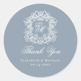 Dusty Blue Monogram Wedding Crest Thank You Runder Aufkleber
