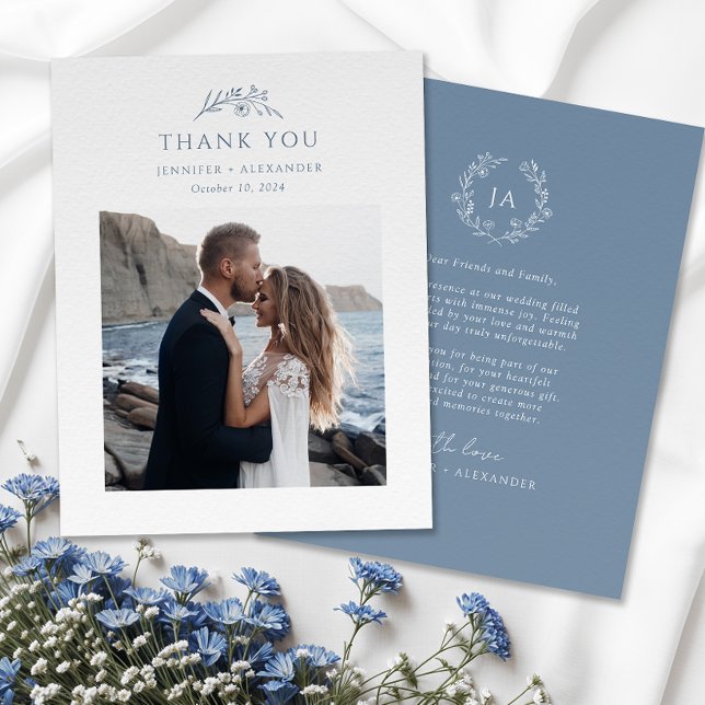 Dusty Blue Monogram Wedding Dankeskarte (Von Creator hochgeladen)