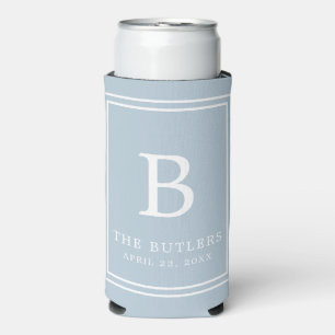 Dusty Blue Monogram Wedding Seltzer Can Cooler Selters Dosenkühler