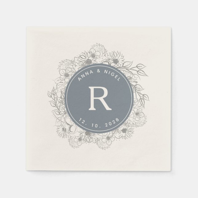 Dusty Blue Monogram Wedding Serviette (Vorderseite)