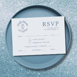Dusty Blue Monogram Wreath Wedding RSVP Karte