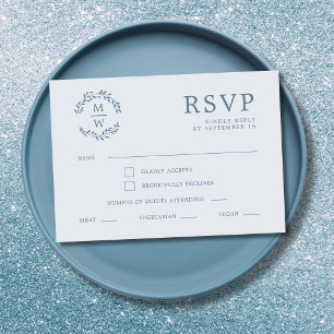Dusty Blue Monogram Wreath Wedding RSVP Karte
