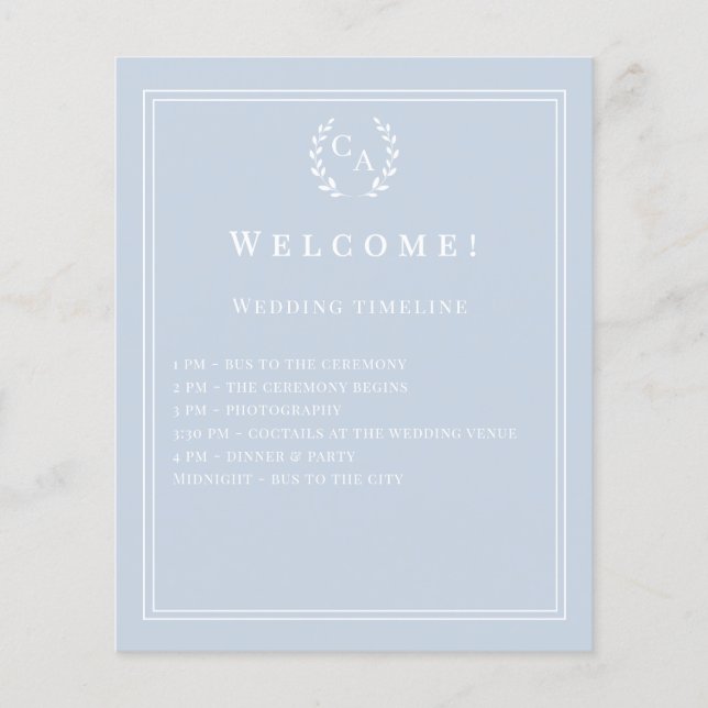 Dusty blue monogrammed wedding program details flyer (Vorne)