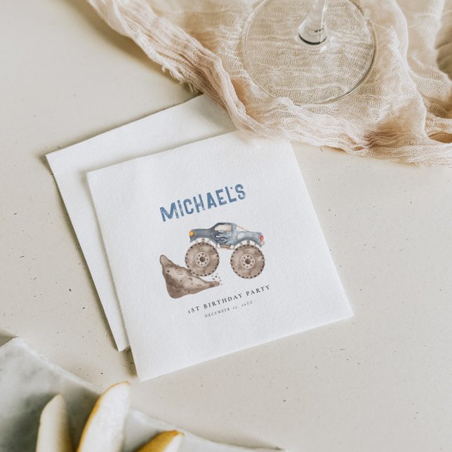 Dusty Blue Monster Truck Birthday Serviette (Von Creator hochgeladen)